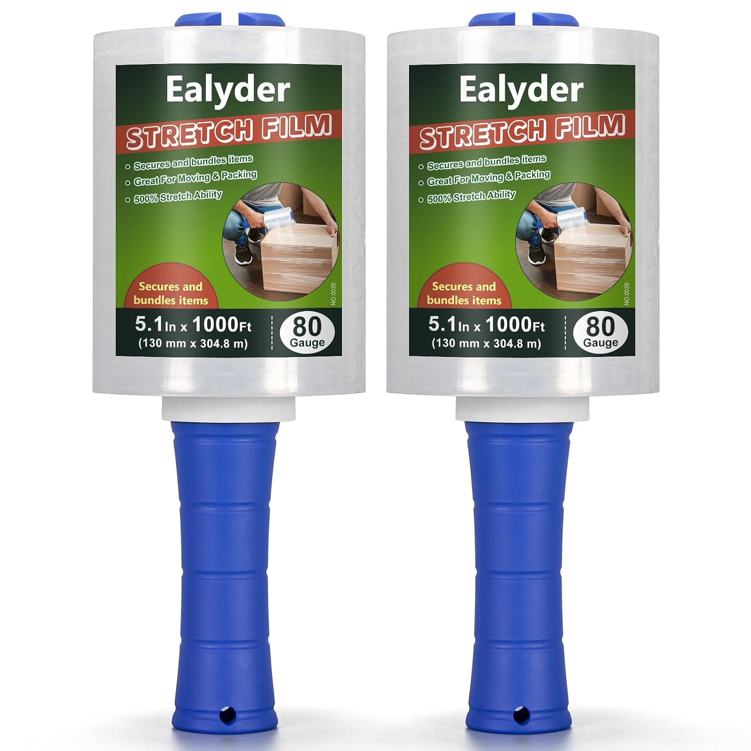 2-Pack Industrial Mini Stretch Wrap Film 20mu 130 mm x 304 m, Self-Adhering Clear Hand Stretch Wrap with Plastic Handle for Packing, Shipping, Moving & Pallet Bundling