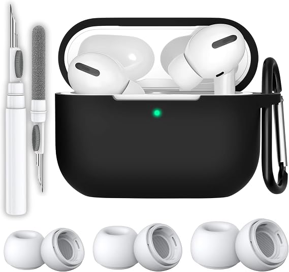 AirPods Pro 2.Nesil Uyumlu Premium Silikon Kulaklık Kılıfı, Anc Delikli Yedek Silikon Uçları (S,M,L) ve 3'ü 1 Arada Bluetooth Kulaklık Temizleme Kalemi Seti (Siyah)