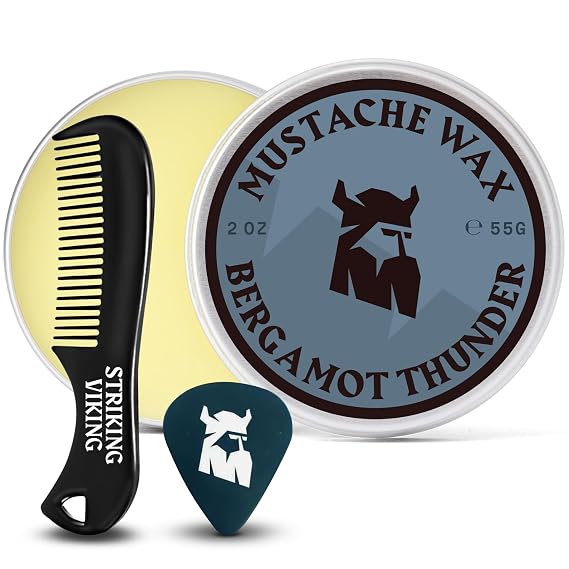 Striking Viking Mustache Wax Kit with Comb - 2 Oz, Bergamot Thunder | Strong Hold Naturally Derived Conditioner with Almond, Tea Tree, Argan & Jojoba Oil for Softening, Moisturizing and Growth