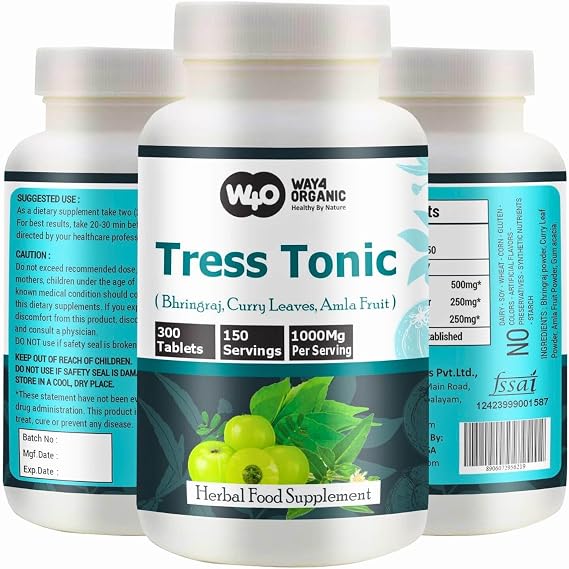 Tress Tonic Capsules(Tablets), a unique combination of Bhringraj, Curry Leaves and Amla Fruit in (50:25:25) Ratio, 300 pills, 150 Servings, 1000 mg per servings, Hair Growth Supplement. Pack of 1