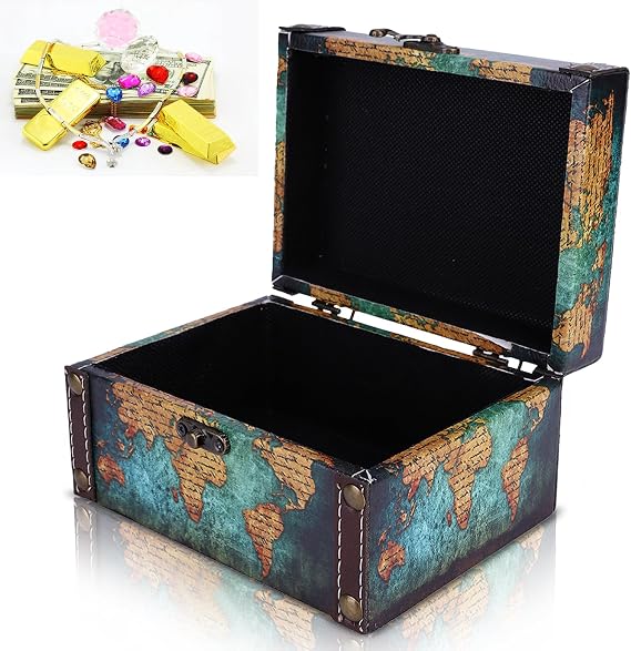 Cyrank Vintage Wooden Storage Box, Wood Treasure Chest with Lid and Lock Retro World Map Pattern Decorative Box Wooden Keepsakes Storage Box for Birthday Travel Letter Home Decoration(Blue)
