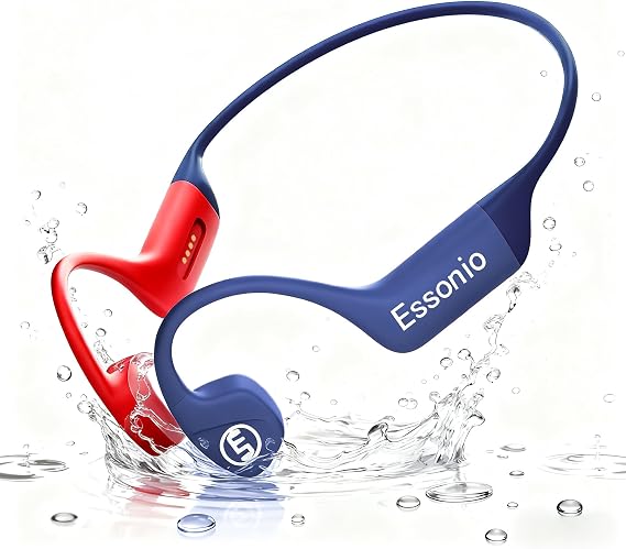 Bone Conduction Headphones IP68 Waterproof Swimming Headphones with Mic Bluetooth Open Ear Earbuds with MP3 Mode 32GB Memory Deep Bass Secure Fit Hearing, Blue
