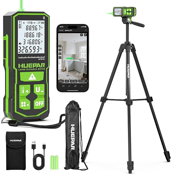 Huepar 395FT Bluetooth Green Laser Measuring Tool S120-G-BT | with 60" Tripod, APP Control, 1/16in Accuracy Laser Distance Measurement Tool, Digital Laser Room Measuring Device