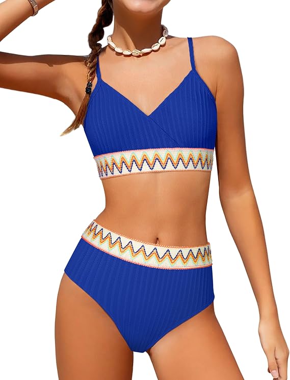 DONWEN Girls Swimsuits V Neck Bikini Set Textured High Waist Girl Two Piece Bathing Suit