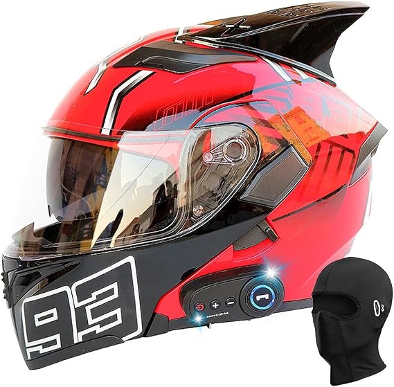 Bluetooth Modular Helmet with Horns Full Face Motorcycle Flip Up Dual Visors Anti Fog Sun Shield DOT/ECE Approved Crash Helmets Automatic Answer Men and Women Helmet Free Hood