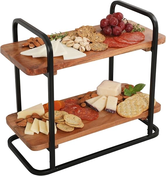 Gibson Home Gracious Dining 2-Tier Wooden Serving Tray with Metal Frame Acacia Wood Rectangle Charcuterie Board, Cheese Platter, Dessert Display Stand for Buffet, Kitchen, Dining, or Events