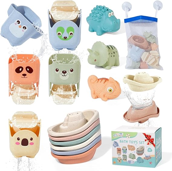 Baby Bath Toys for 1 2 3 4 Year Olds, 14 Pack Mould Free Toddler Bath Toys Bathtub Water Toys with Floating Boats & Bath Cups and No Mould & No Hole Animal Floating Pool Toys for Babies 6-12 Months