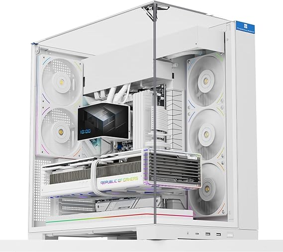 TR A70 White ATX Gaming Case with Three-sided Columnless Panoramic Glass Panel 8 CPU Fan Slots 4-Way Air Circulation Tool-Free Quick Release Vertical GPU with Drop Protection Function