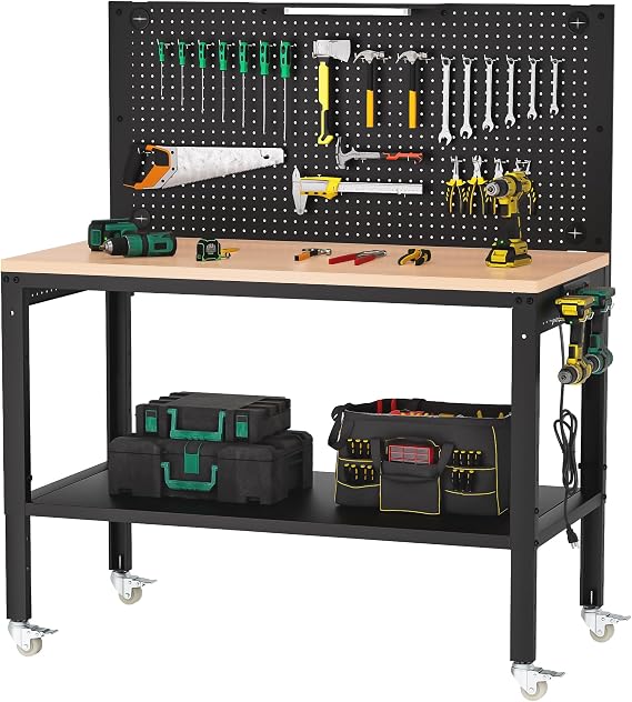 Antifir 48" Adjustable Garage Workbench with Under Shelf & Metal Pegboard