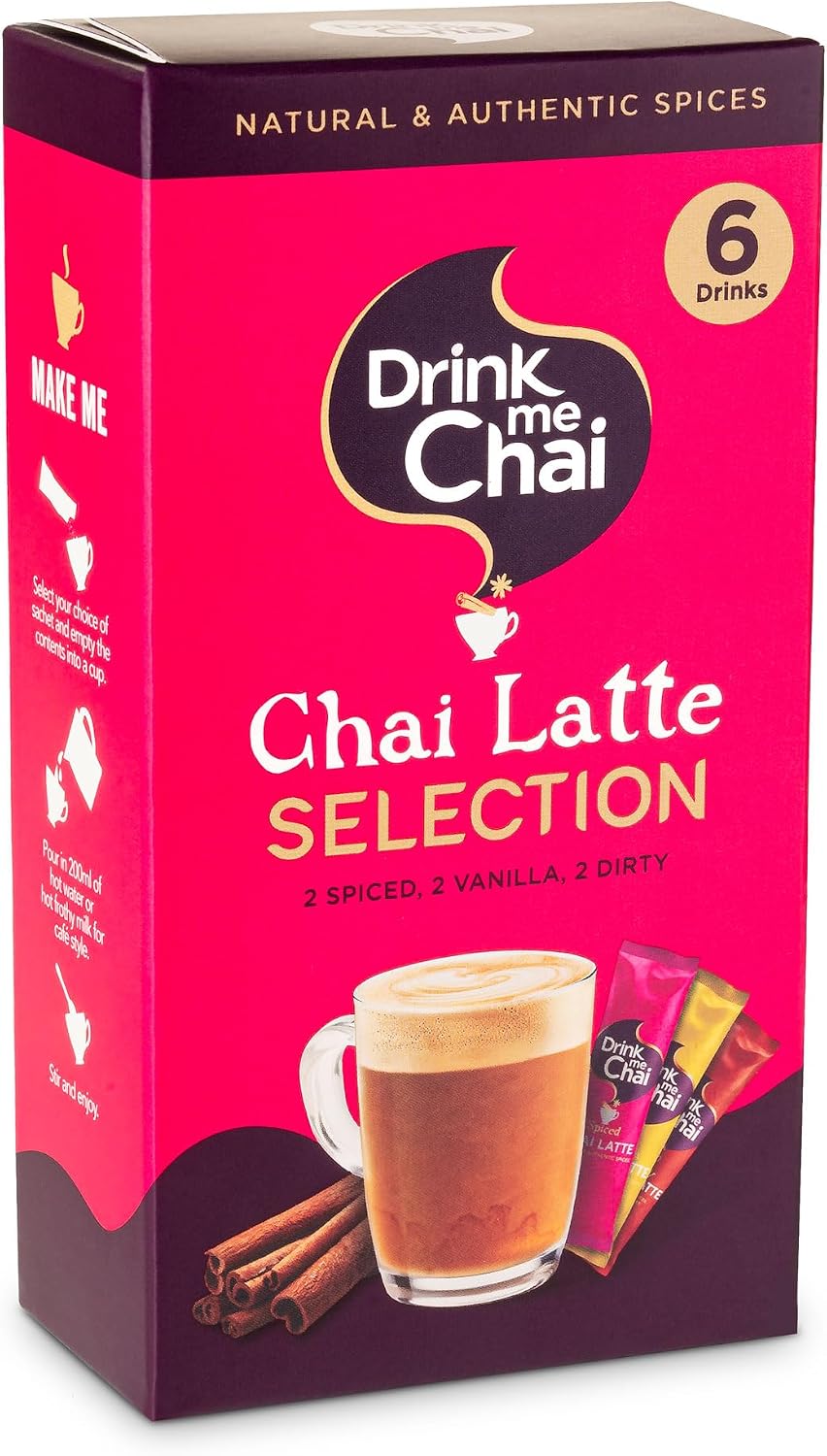Drink Me Chai Chai Latte Sachets Selection Pack of 1 Just Add Milk or Water | 2x Spiced, 2x Vanilla, 2x Dirty | Masala Chai Powder Spice Blend
