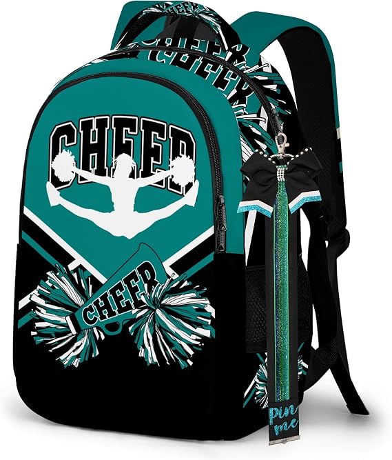 Cheerleader Backpack with Cheer Pin Strap, Backpack For Cheerleading, Cheerleader Gifts for Team Women (Black Teal)