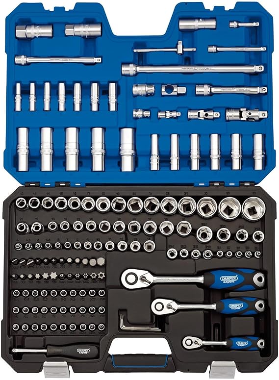 Draper 149 Piece Metric Socket And Socket Bit Set - 1/4", 3/8" And 1/2" Sq. Dr. - 16461 - Chrome Vanadium Steel - Blue - ‎Satin Finish