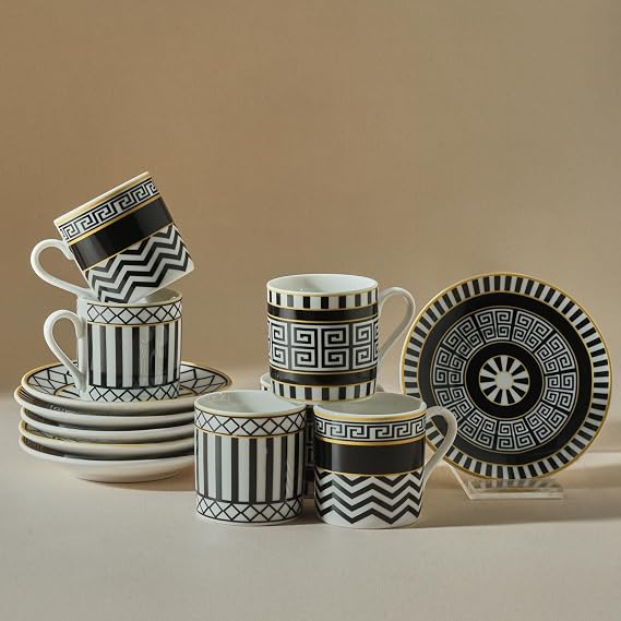 KARACA Helenistic Turkish Small Coffee Cups Set for 6, 12 Piece Porcelain Espresso Cups with Saucers, 80ML Demitasse Coffee Set, Black, Modern Elegant Design for Home & Gift