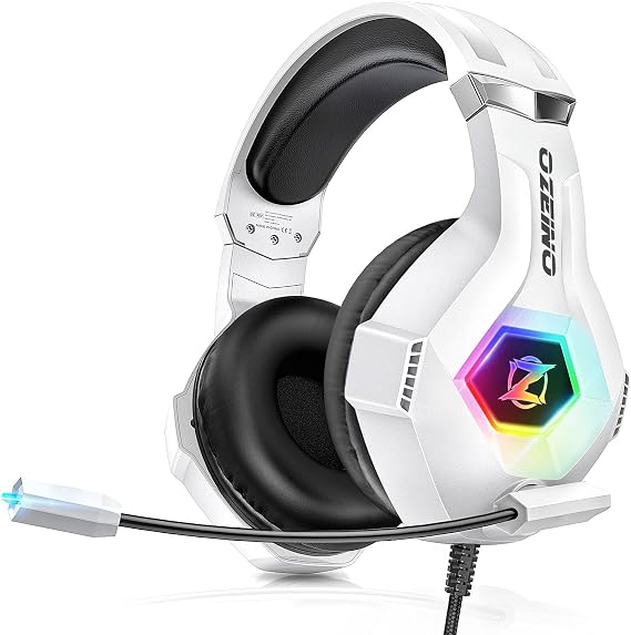 Ozeino Gaming Headset for PS5 PS4 PC, Over-Ear Headphones with Surround Sound & RGB Light for Xbox one Switch Mac Laptop (white)