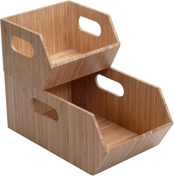 MobileVision Bamboo Storage Bins for Pantry & Kitchen Cabinet Organizer Multi-Purpose 2 PC Stackable Set for Canned Goods, Vegetables, Pouches, Boxed Meals & more