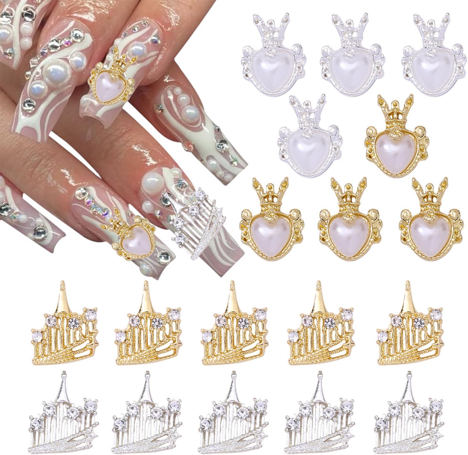 20 Pcs Heart Pearl Nail Charms for Nails Art 3D Gold Silver Castle Nail Charms Mixed Design Nail Decorations Shiny Nail Art Charms Nail Supplies for Women Acrylic Nails