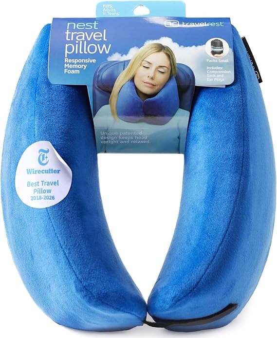 TRAVELREST Nest Neck Pillow Travel Essentials - Memory Foam Support - Blue