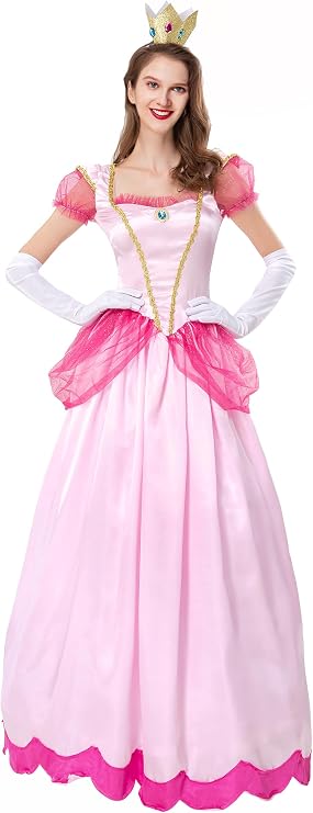 Princess Peach Costume Adult Super Brothers Costume Dress Women with Gloves and Crown Pink Medium
