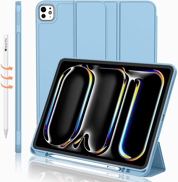 iMieet Case for iPad Pro 11 Inch (M5) 2025 /(M4) 2024 5th Gen, Trifold Stand Smart Cover with Pencil Holder and Soft TPU Back, Auto Wake/Sleep (Azure Blue)