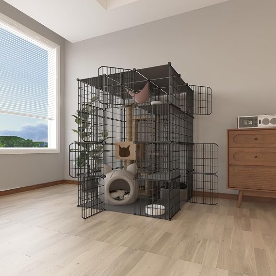 Large 4-Tier Cat Cage Indoor, DIY Cat Enclosures Detachable Metal Wire, Indoor Cat Crate Exercise Place Ideal for Kitty, Small Animals