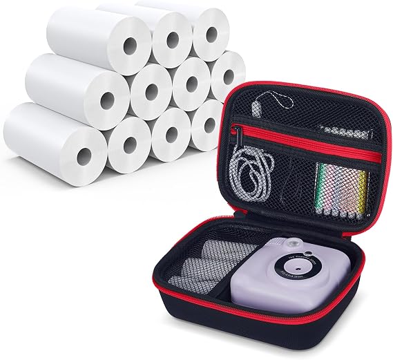 A Set of 12 Rolls Instant Print Paper for Kids Instant Camera and A Black&Red Camera Case