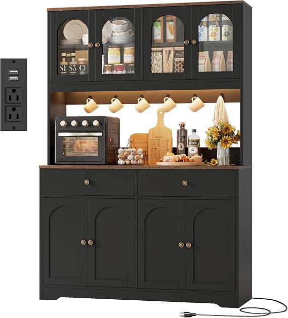 HIFIT 71" LED Kitchen Pantry Cabinet with Power Outlet, Tall Hutch, Black | Coffee bar Hutch Cabinet with 2 Storage Drawers, Arched Doors, Countertop, 6 Hooks, China Food Pantry for Dining, Living Room
