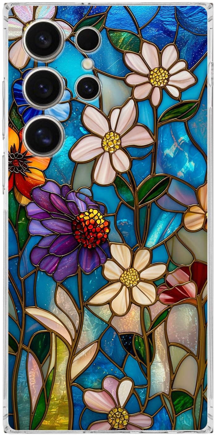 PrintiFy Samsung Galaxy S24 Ultra ile Uyumlu Vitray Mavi Bahar Tasarımlı Şeffaf Silikon Kılıf