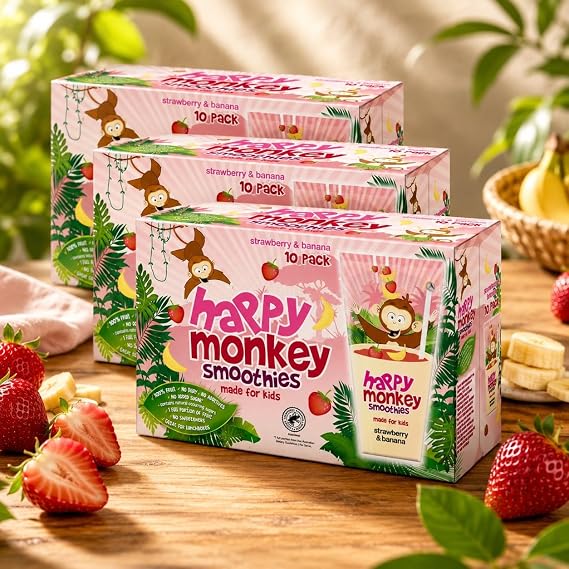 Fakhri Happy Monkey Strawberry & Banana Smoothies 4 x 10 x 180ml Fruit Smoothie Pack
