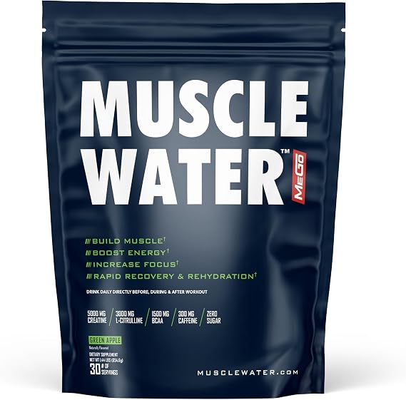 Muscle Water Pre Workout Powder | Muscle + Pump + Energy | 20+ Supplements, 0 Tubs | 5g Creatine + 300mg Caffeine | Sugar-Free | Green Apple | 30 Servings