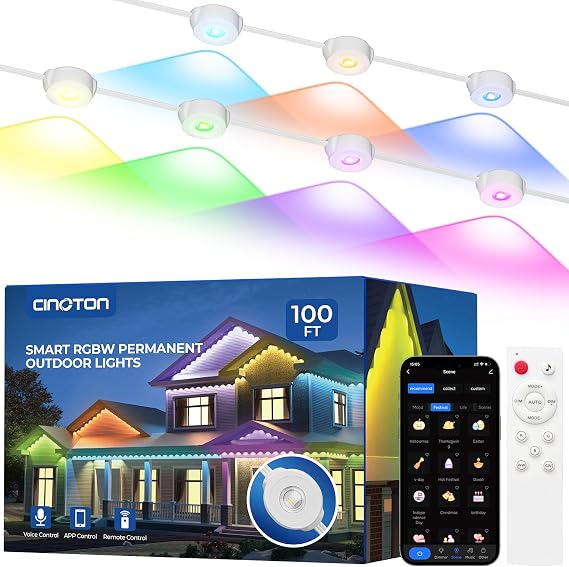 CINOTON Permanent Outdoor Lights Pro 100ft, Smart RGBCW Eaves Lights with 60 LEDs, IP67 Waterproof, 111 Scene Modes for Daily and Festival, Halloween Christmas Holiday Decor, APP/Voice/Remote Control