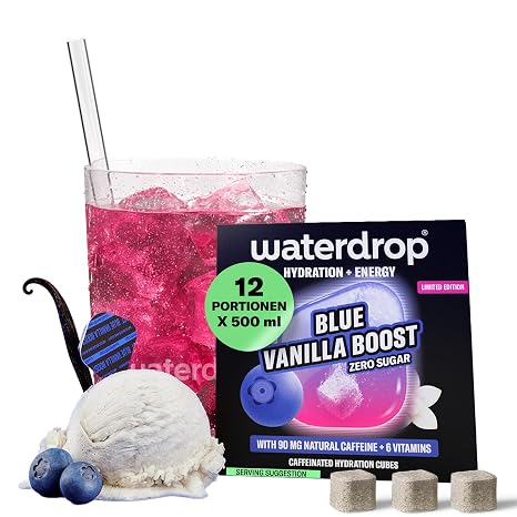 Waterdrop® Microenergy Blue Vanilla - 12 Waterdrop Drops Cubes with 90mg Natural Caffeine - Energy Drink Drink Powder Sugar-Free & Low Calorie - Energy Booster with Vitamin C & B