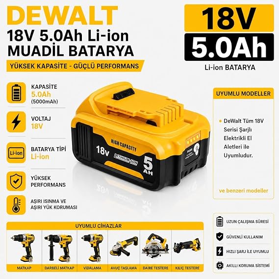 DEWALT DCS577, DCS571, DCS566, DCS573 ile Uyumlu Muadil Matkap Bataryası