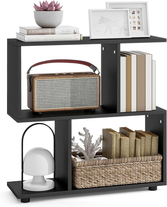 LOKO 3-Tier Geometric Bookshelf, S-Shaped Open Bookcase (1, Black)