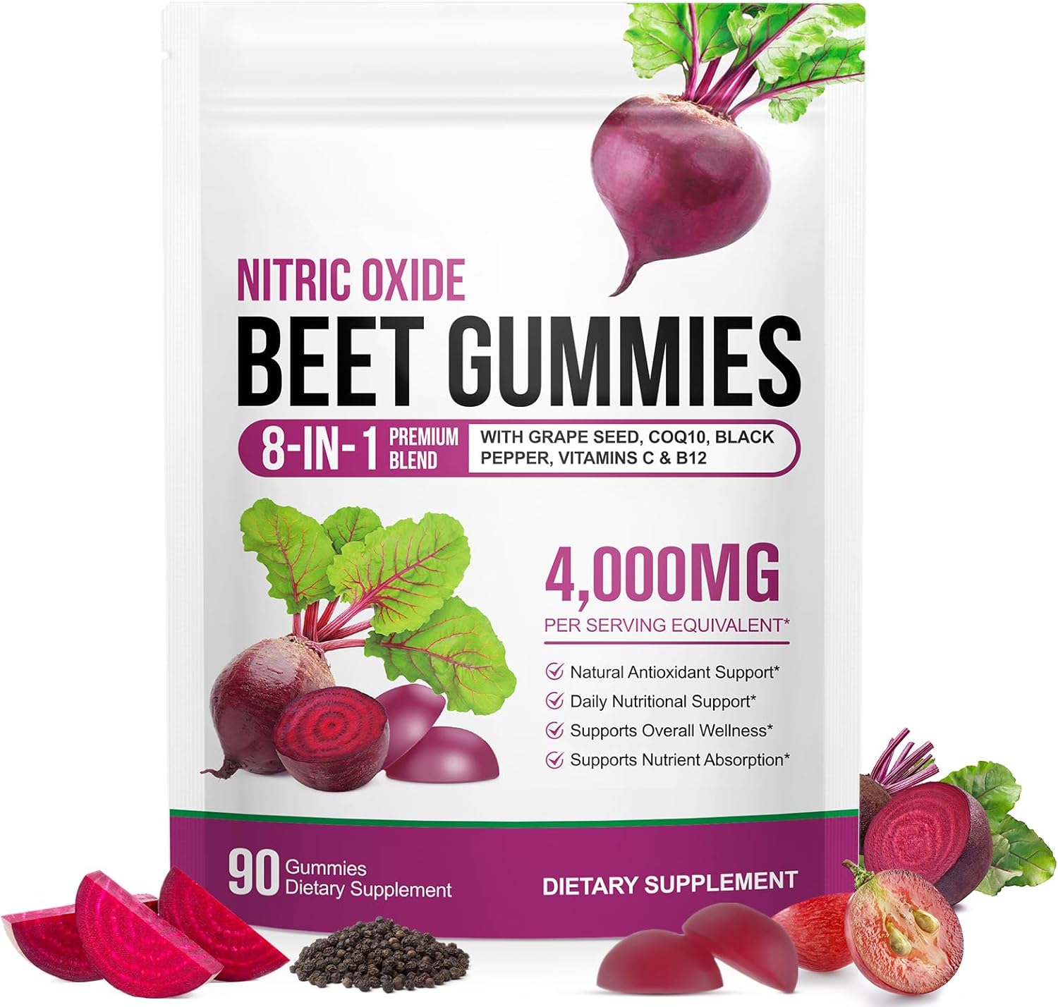 Beet Root Gummies, 90 Count Beet Gummies for Heart Health Support, Extract Supplement with Vitamin C, B12,