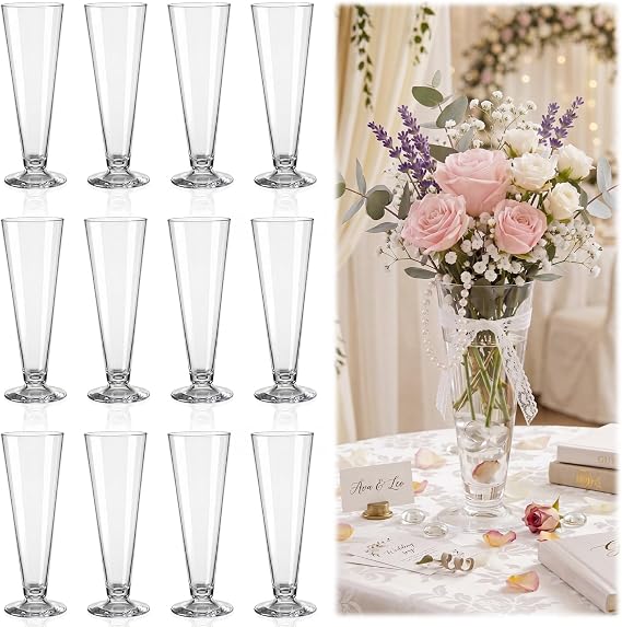 12 Pcs Trumpet Vase Bulk 8.8" Plastic Tall Flower Vase Decorative for Centerpieces Wedding V Shape Small Slim Buckets Container for Wedding Home Party Table Office Ornaments Decor