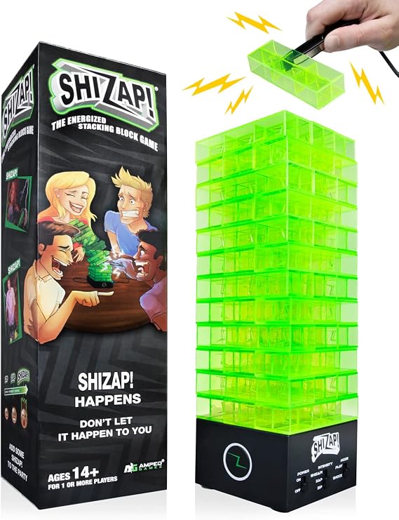 ShiZap! - Electric Shock Stacking Block Game, Plastic Tumble Tower Blocks, Shocking Tweezers, LED Base That Plays Suspenseful Music, Family Fun Party Games for Teenage Boys, Girls, Adults