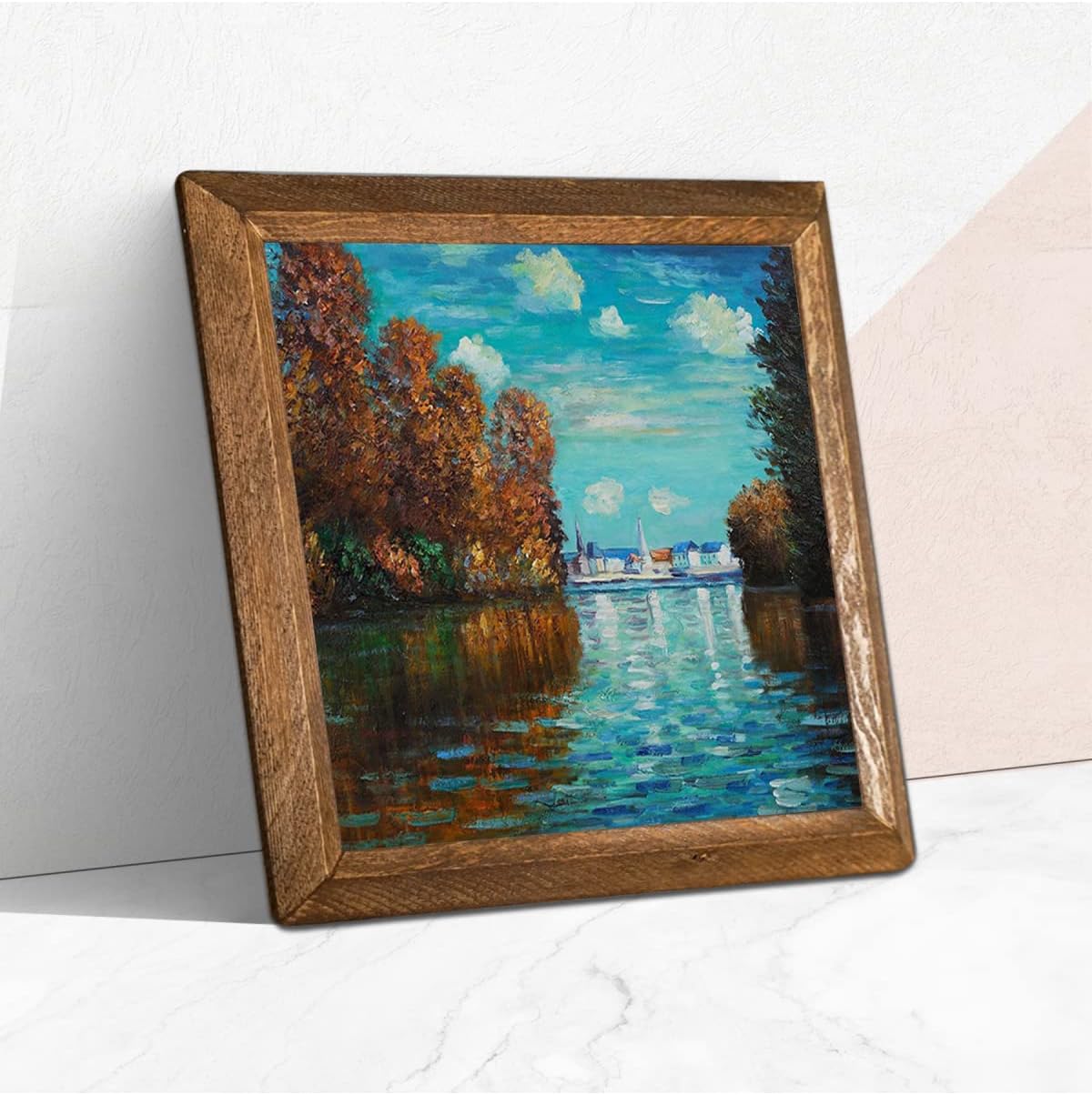 Pinecone Claude Monet Autumn Stone Wall Painting - Stone Painting with Wooden Frame - 25x25 cm - Decorative Wall Art - Modern Home and Office Wall Decoration W1-254
