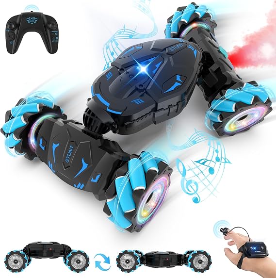 Pristar RC Cars Gesture Sensing Stunt Car, Best Gifts for Boys 6-12 | 2.4Ghz Remote Control Car Toys for Boys Age 6 7 8 9 10 11 12, Double Sided Flip 360 4WD Off-Road with Spray Lights Music
