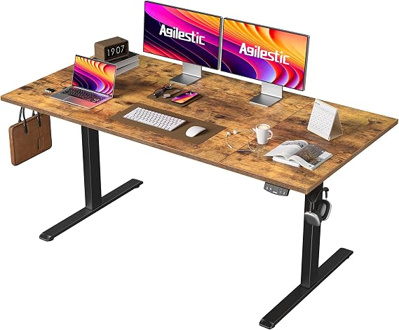 Agilestic Height Adjustable Electric Desk, 2 Memory Height, 160x80cm | 80cm wider Standing Desk, 72-116cm, Sit-Stand Office Desk with 2 Hooks, Computer Desk for Home Office, 4 pcs Desktops, Brown