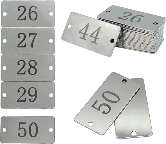 Stainless Steel Rectangle Numbered Tags with Two Holes 1 Inch x 2 Inch (26-50)