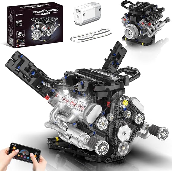 V8 Engine Model Kit, 8-Cylinder Visible Engine Building Blocks with LED Light & APP Control, STEM Engineering Kit Runs for Adults & Kids, Collectible Set (715 PCS)