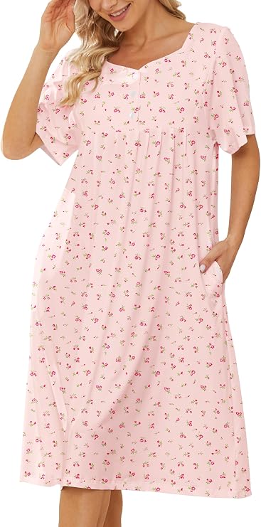House Dresses for Women with Pockets Floral Cotton Nightgowns Short Sleeve Moo Moos for Women Mumu Moomoo Dress Light Pink XL