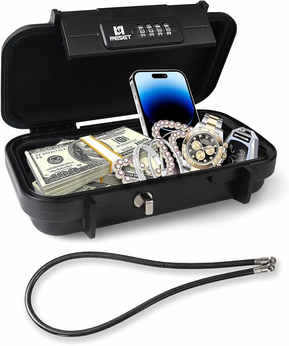 RESET-G13 Portable Lock Box with 4-Digit Combination,Removable Chain, for Travel, Beach, Home, Office, Outdoor Activities, Waterproof, Anti-Theft, Security Case, Black