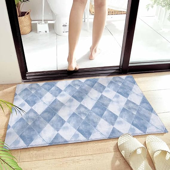 Luxury Plush Bathroom Rugs Mat, Blue Geometric Soft Shaggy Bath Carpet, Simplistic Modern Abstract Hexagon Art Non-Slip Floor Mat for Kitchen, Bedroom, 20"x31.5"