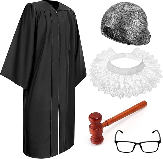 Stablerice 5 Pcs Halloween Judge Costume Accessory with Robe, False Collar, Wooden Gavel, Wig, Glasses