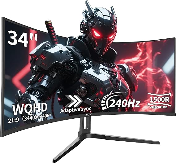 ZZA 34 Inch Curved Monitor 240Hz WQHD 3440 x 1440P Ultrawide, 34 Ultra Wide Gaming Computer Monitor 21:9 1500R, PIP/PBP, OD 1ms, HDR, AI Crosshair, Adaptive Sync, HDMI & DP, for PC, PS5, Xbox
