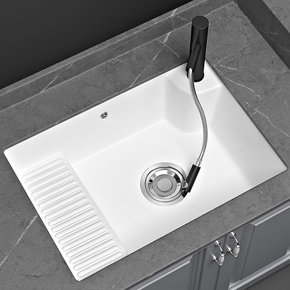 Bathroom undermount ceramic sink wiht washboard,laundry sink with washboard,Ceramic Lavatory Vanity White Under Counter, with faucet, drain set, mounting screws,for balconies,bathrooms ( Size : 7