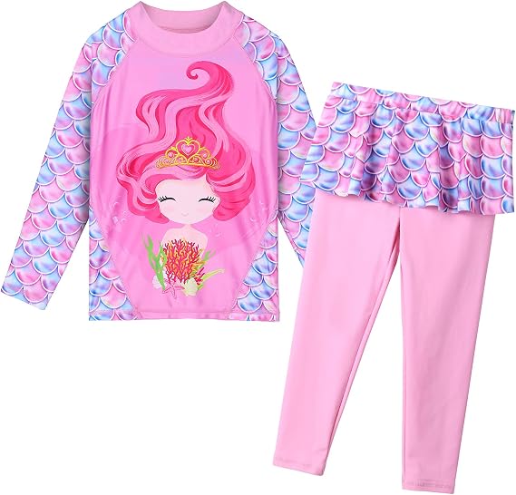 TFJH E Girls Long Sleeve Swimsuits Skirt 2-Pieces Rash Guard Set Sun Protection UV 50+