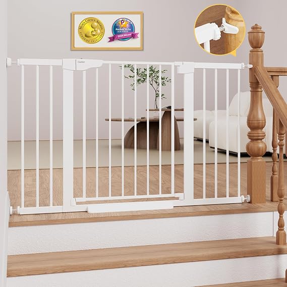 Cumbor 29.751.5" Extra Wide Baby Gate for Stairs, Pressure-Mounted Dog Gates for Doorways & Hallways, Auto-Close Walk-Through, No-Trip Design, Child Proof Safety, Dog/Pet Gate for Indoor Use, White