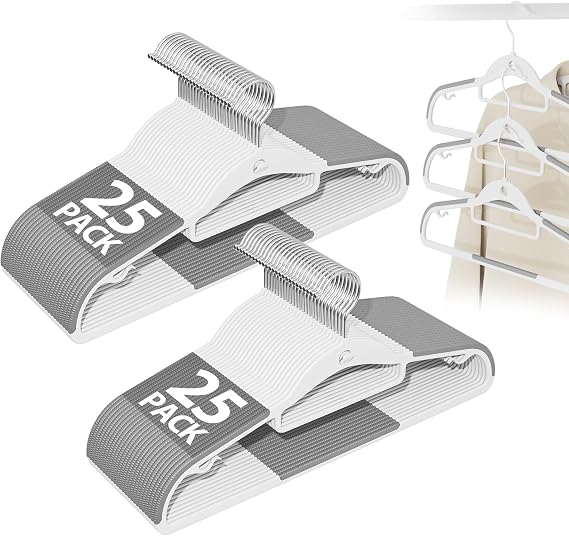 Plastic Stackable Hangers 50 Pack, 360 Swivel Hook, Gray | Non Slip Rubber Strips, Slim Space Saving, Cascading Vertical Storage, Notched Design, Tie Bar, for Coat Suit Shirt Dress